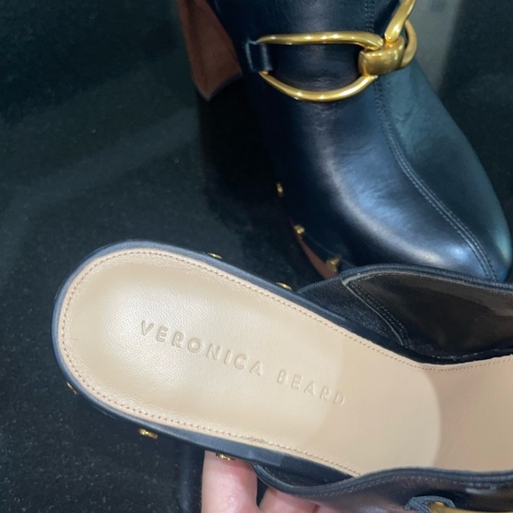 VERONICA BEARD Giles Clog in Black Leather Gold Stud Grommet Wooden Heel Sz 10 - Picture 7 of 14